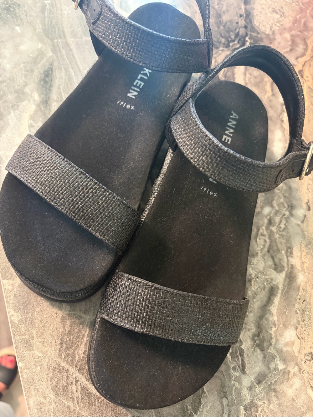 Anne Klein Black Textured Strap Sandals